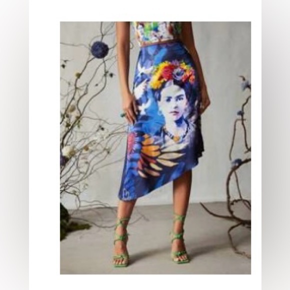 Blue Asymmetrical Frida Kahlo Midi Satin Summer Skirt - Picture 3 of 5
